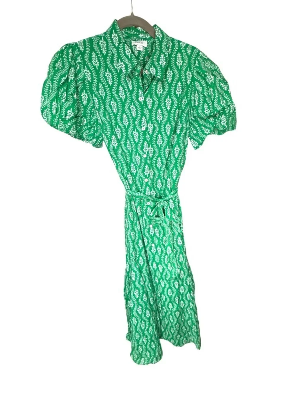 NWT Cece Puff Sleeve Tie Waist Shirtdress Flowy Midi Size M Kelly MSRP $129